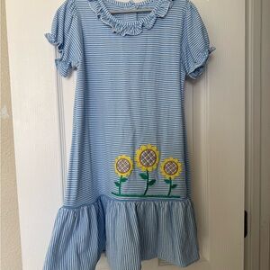 Blue Striped Sunflower Applique Girls' Casual Dress